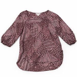 🩷 LC Lauren Conrad Burgundy Patchwork Print 3/4 Sleeve Blouse Size Small